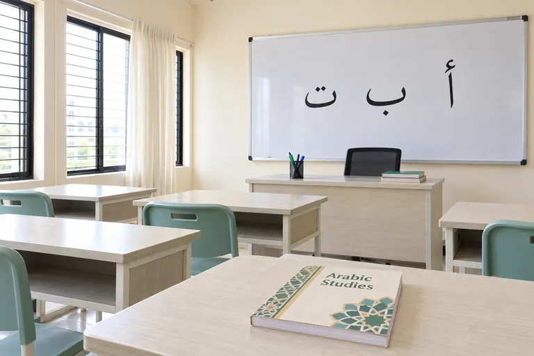 Illustrative photo: Arabic lesson on a classroom whiteboard with an Arabic studies book