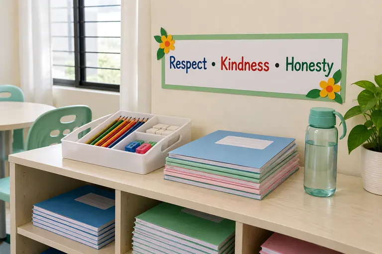 Illustrative photo: Classroom sharing supplies and a respect, kindness and honesty reminder