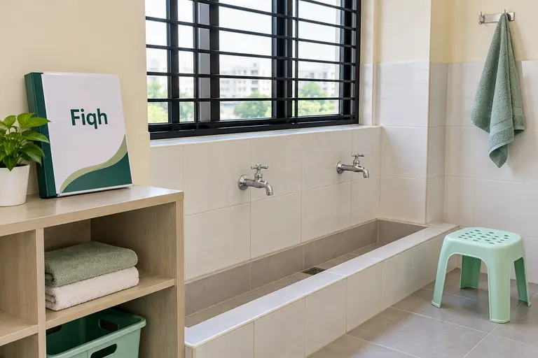 Illustrative photo: Ablution practice area and a Fiqh study folder