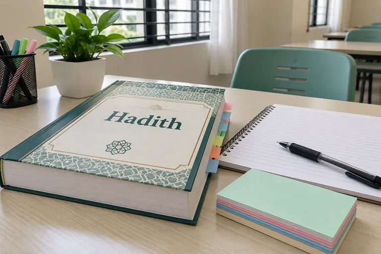 Illustrative photo: Hadith study book and memorization revision materials