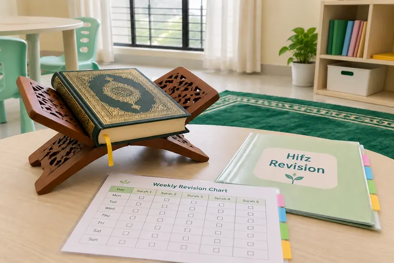 Illustrative photo: Quran memorization study with a Hifz revision chart