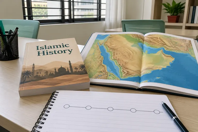Illustrative photo: Islamic history book, geography map and timeline study materials