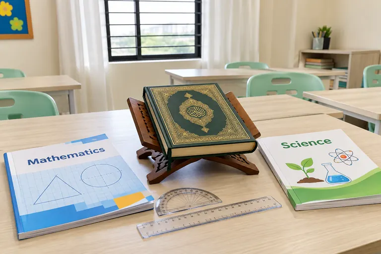 Illustrative photo: Quran study alongside mathematics and science materials