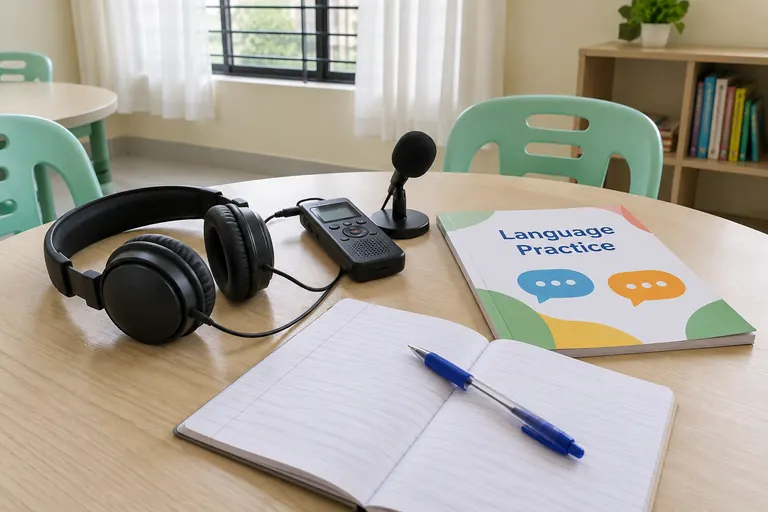 Illustrative photo: Listening and speaking equipment beside reading and writing materials