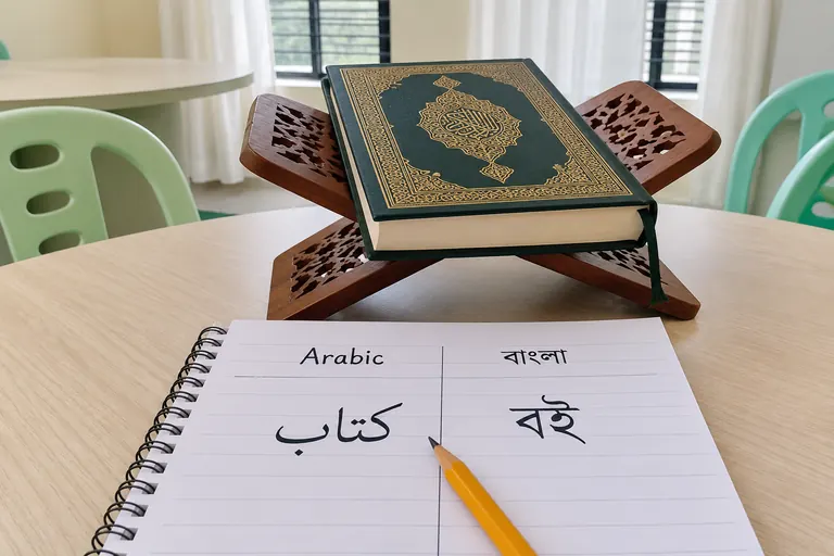 Illustrative photo: Arabic and Bengali translation practice beside a Quran